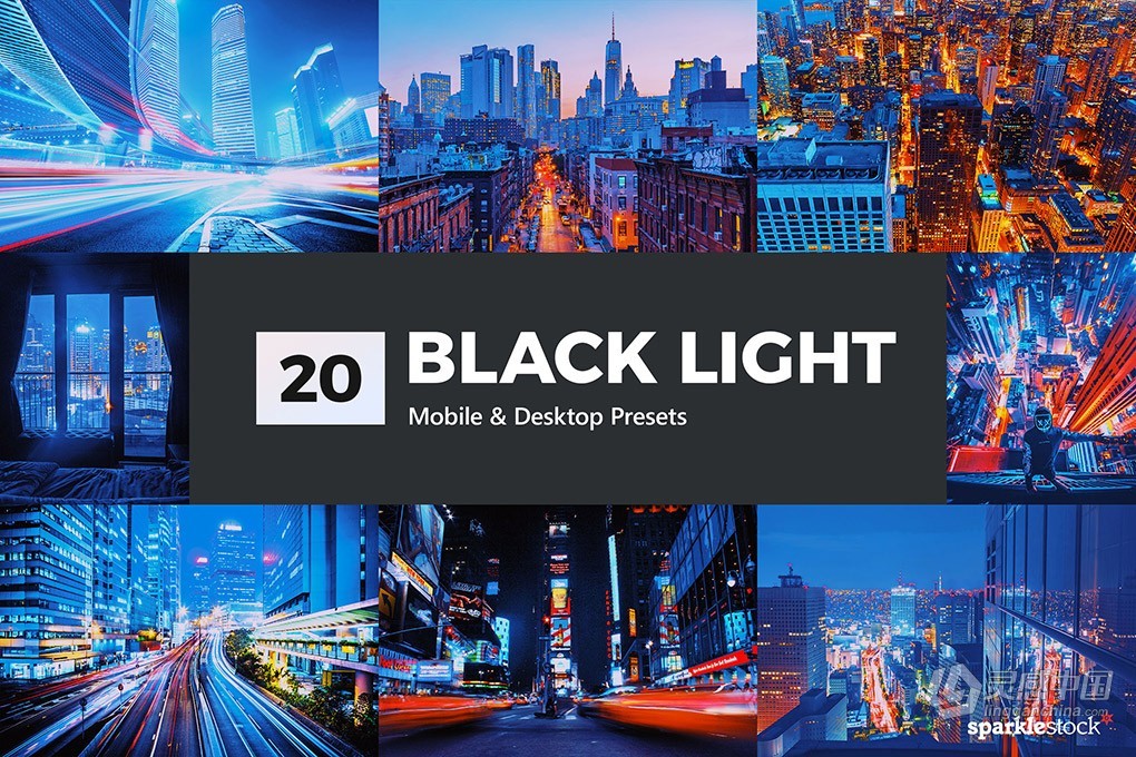 20款城市街道霓虹灯光明亮夜景延时摄影调色LR预设LUT预设 20 Black Light LR Presets  灵感中国网 www.lingganchina.com