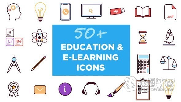 50个手绘卡通教育电子学习动态图标动画FCPX插件 Animated Icons for Education and E-learning  灵感中国网 www.lingganchina.com