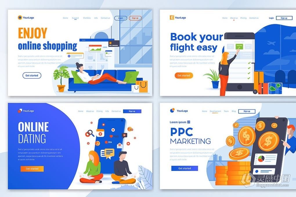 10套蓝色商务主题网站单页落地页版式UI界面设计PS/AI模板 Collection of Landing page templates  灵感中国网 www.lingganchina.com