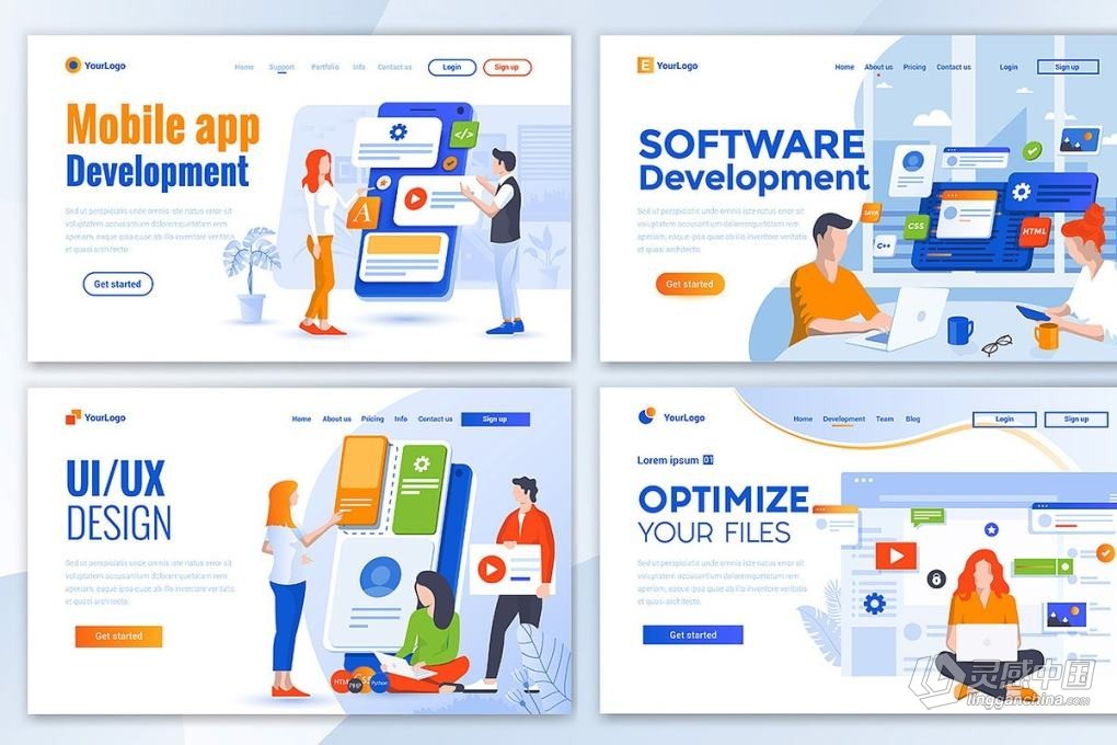 10套蓝色商务主题网站单页落地页版式UI界面设计PS/AI模板 Collection of Landing page templates  灵感中国网 www.lingganchina.com
