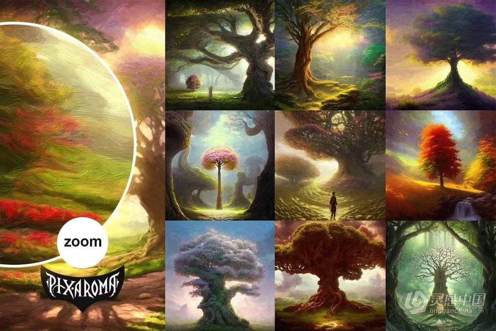 100张高分辨率油画水彩绘画奇幻森林树木插画艺术图片素材 100 Fantasy Trees – Oil Painting Art  灵感中国网 www.lingganchina.com