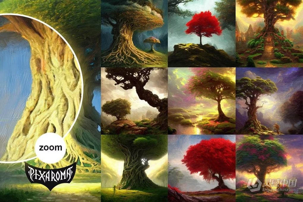 100张高分辨率油画水彩绘画奇幻森林树木插画艺术图片素材 100 Fantasy Trees – Oil Painting Art  灵感中国网 www.lingganchina.com