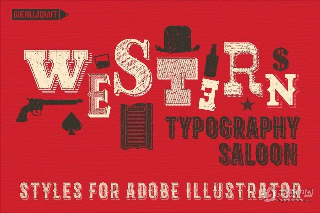 38种19世纪狂野西部电影海报插图杂志复古设计AI文本样式 Western Typography Saloon  灵感中国网 www.lingganchina.com