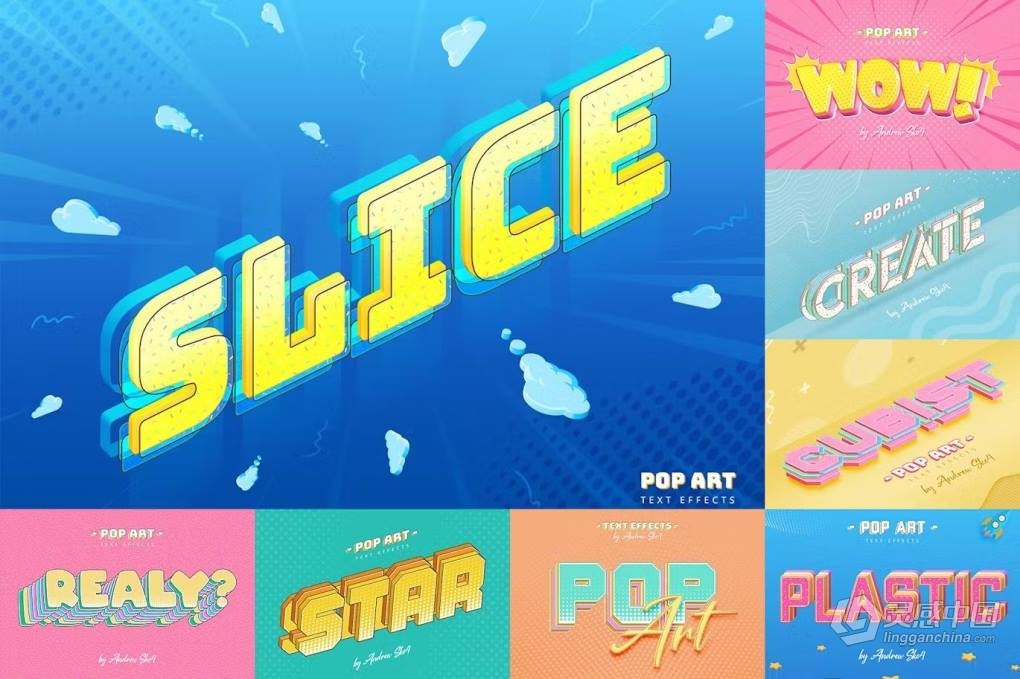 8个波普艺术效果分层切片文本LOGO图形海报风格设计PS样式模板 Sliced Pop Art – Text Effects  灵感中国网 www.lingganchina.com