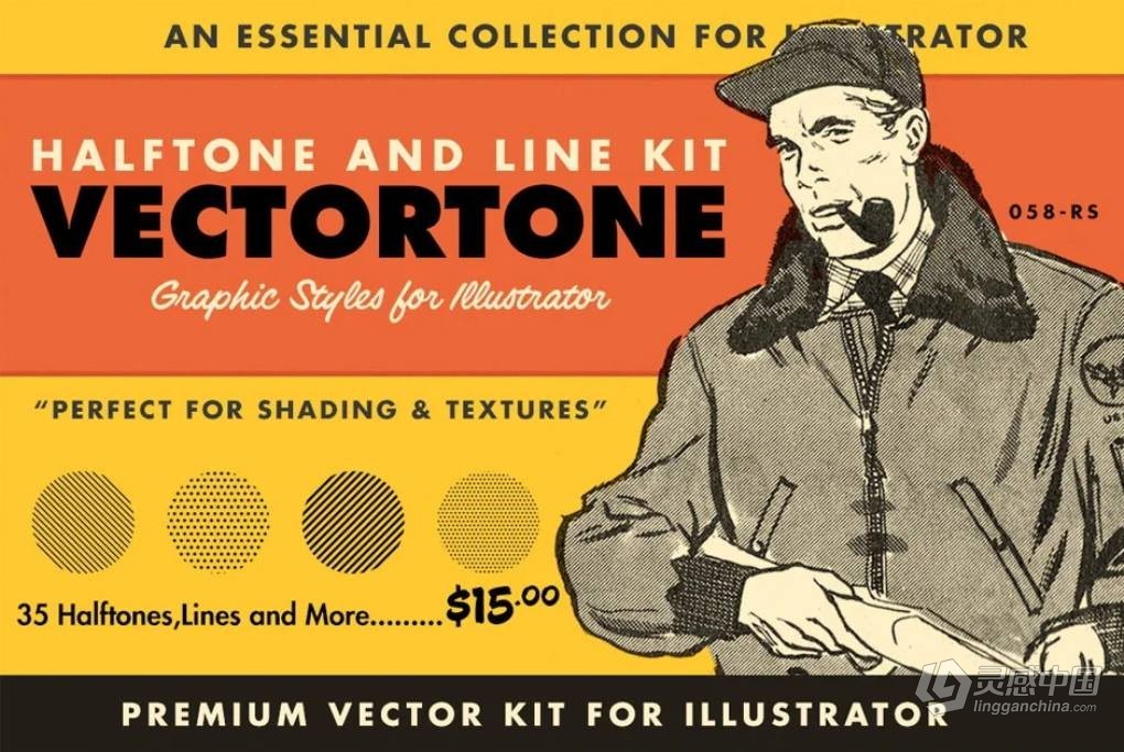 AI笔刷-35种复古半色调效果阴影线条纹理绘画Illustrator笔刷色板样式 Retro Supply – VectorTone  灵感中国网 www.lingganchina.com