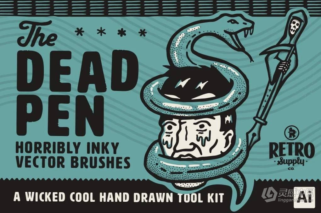 AI笔刷-62支手绘插画散点图案精细线条水墨艺术Ai矢量笔刷 Retro Supply – The Dead Pen Brush Pack  灵感中国网 www.lingganchina.com