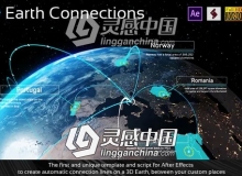 科技感三维地球世界地图任意国家地点连线动画AE模板 含脚本和使用教程